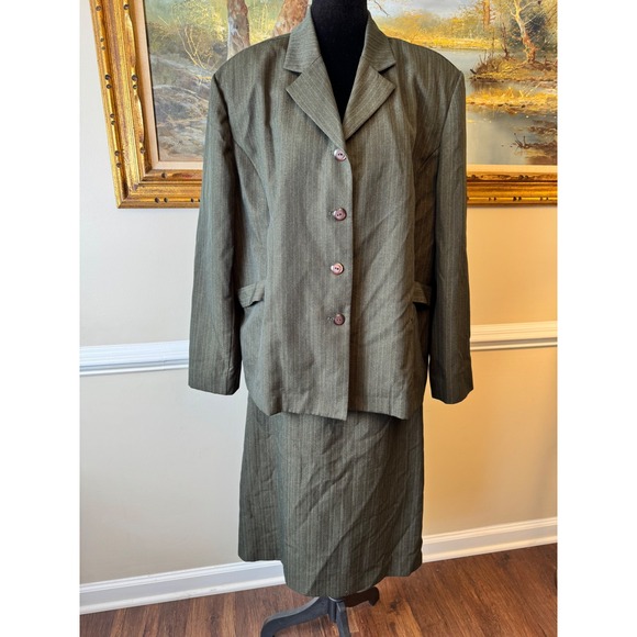 Southern Lady Dresses & Skirts - Vintage Southern Lady Olive Green Pinstripe Skirt Suit Blazer Set Plus Size 20
